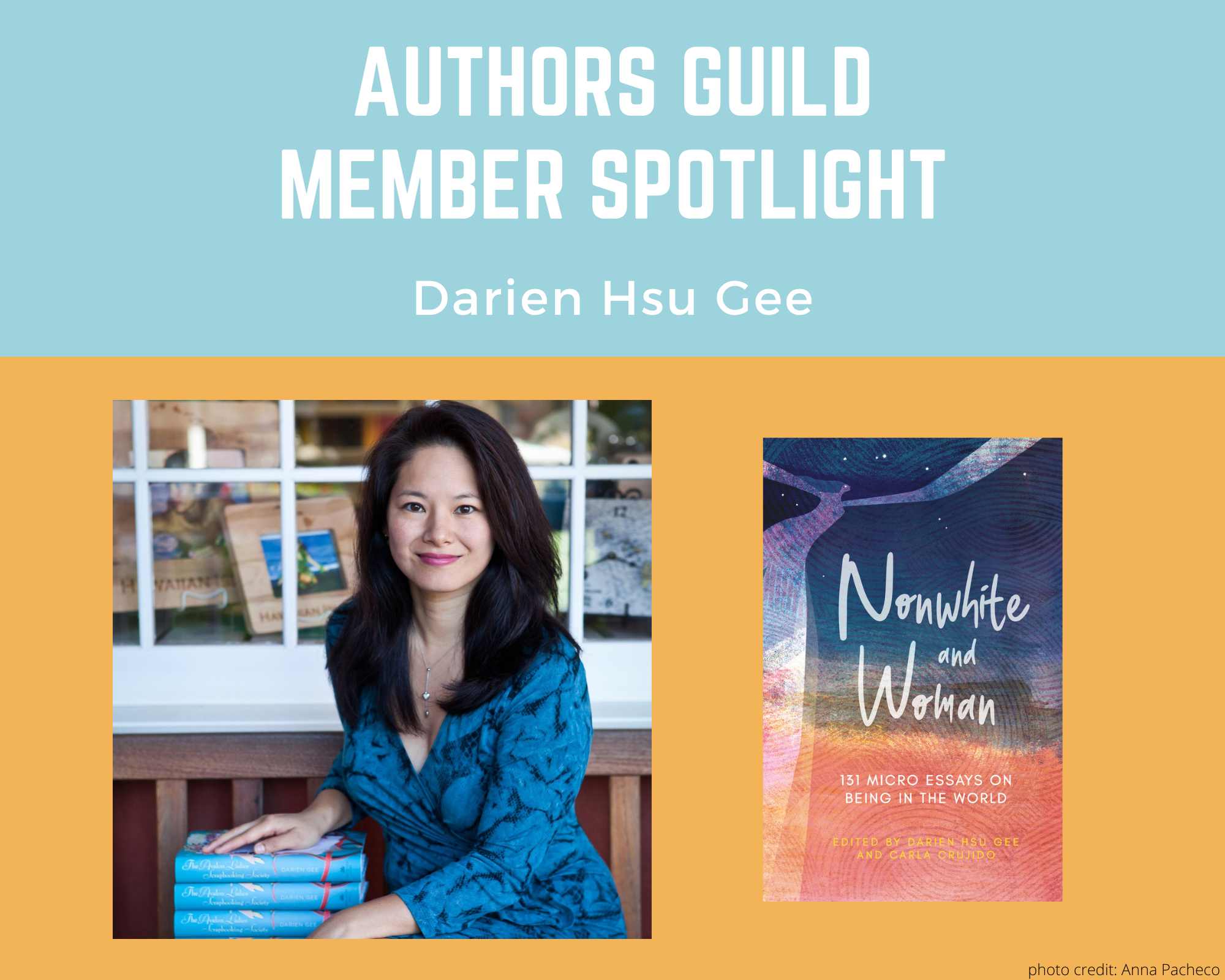 author Darien Hsu Gee sitting with a stack of books, smiling at the camera and an image of her book Nonwhite and Woman