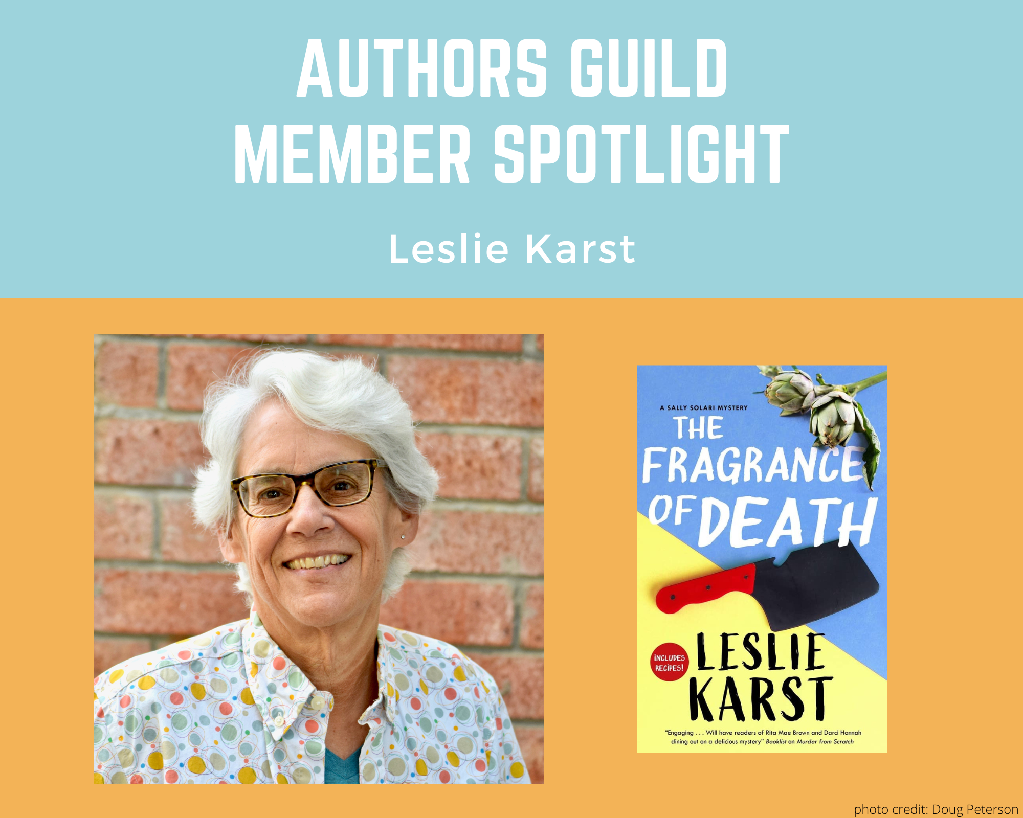 author Leslie Karst smiling directly at the camera and an image of her book The Fragrance of Death