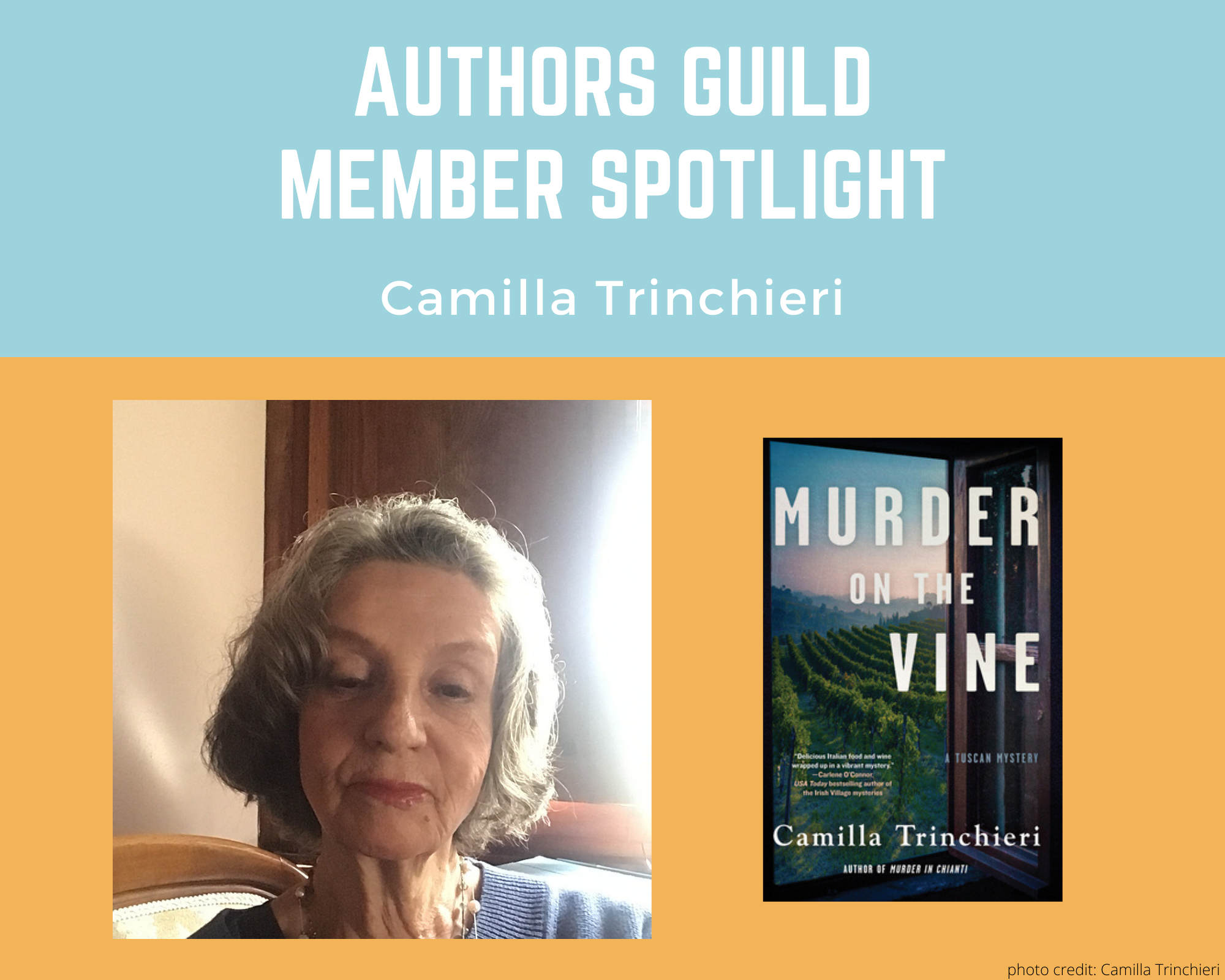 author Camilla Trinchieri looking directly at the camera and an image of her book Murder on the Vine