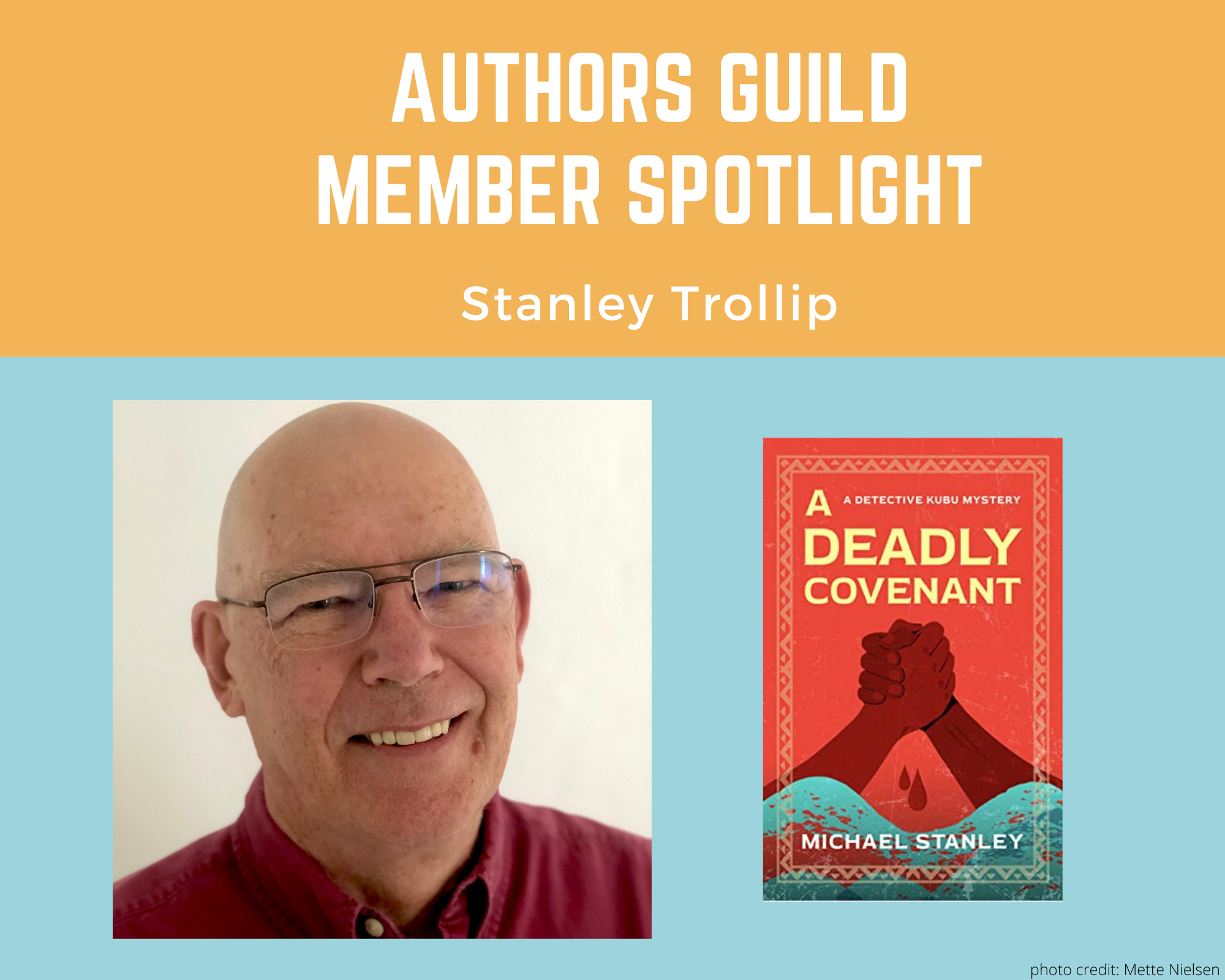 author Stanley Trollip smiling at the camera and an image of his book A Deadly Covenant