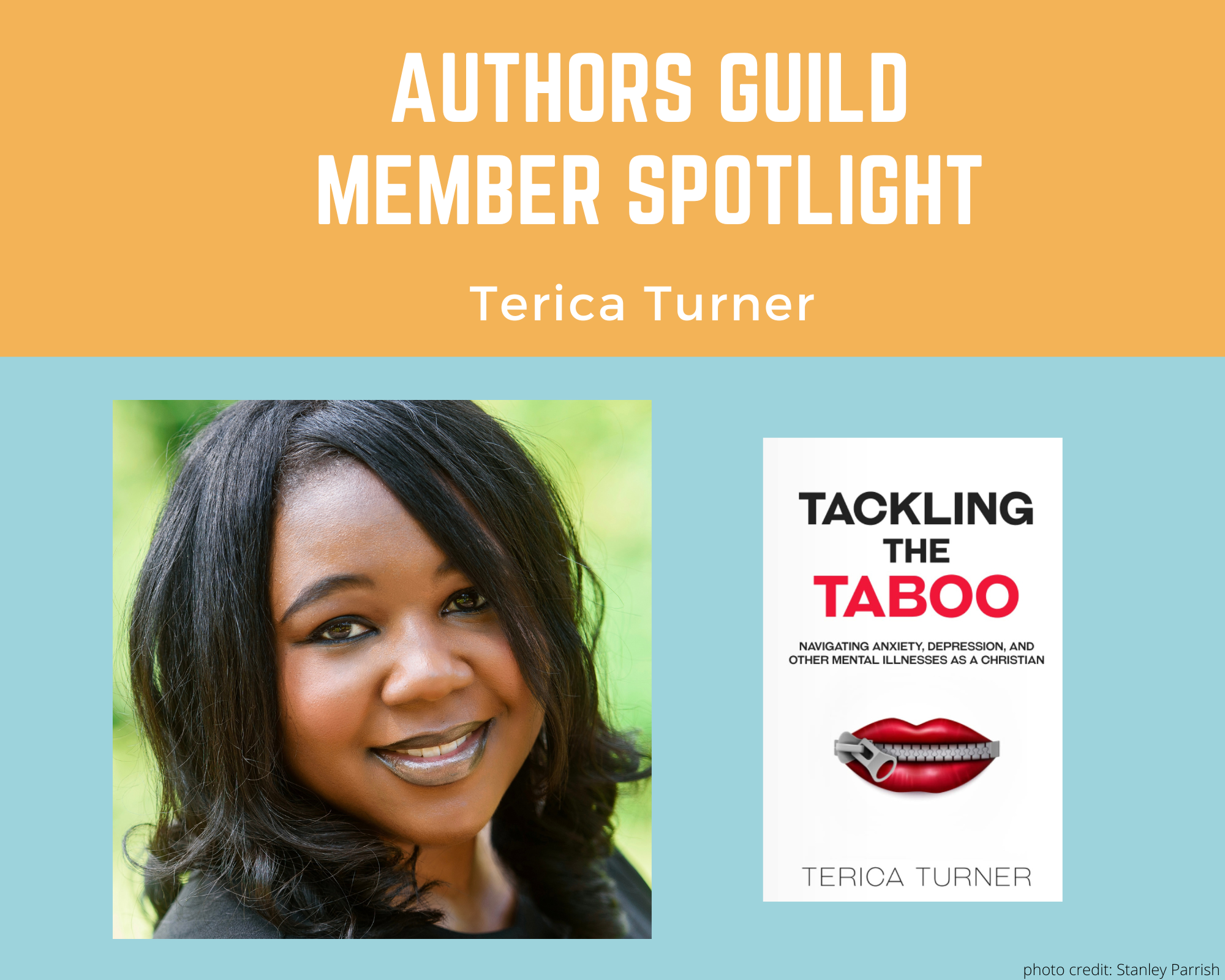 author Terica Turner smiling directly at the camera and an image of her book Tackling the Taboo