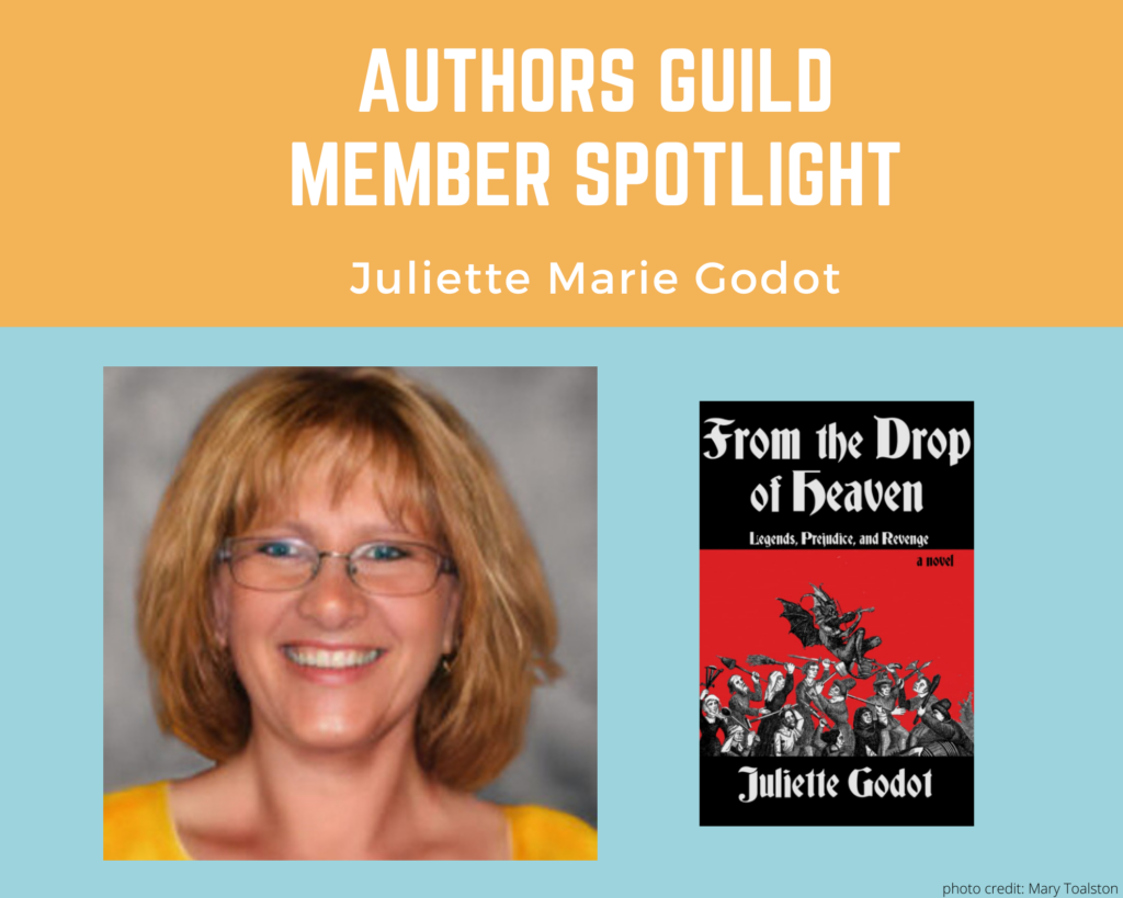 author Juliette Godot smiling directly at the camera and an image of her book From the Drop of Heaven