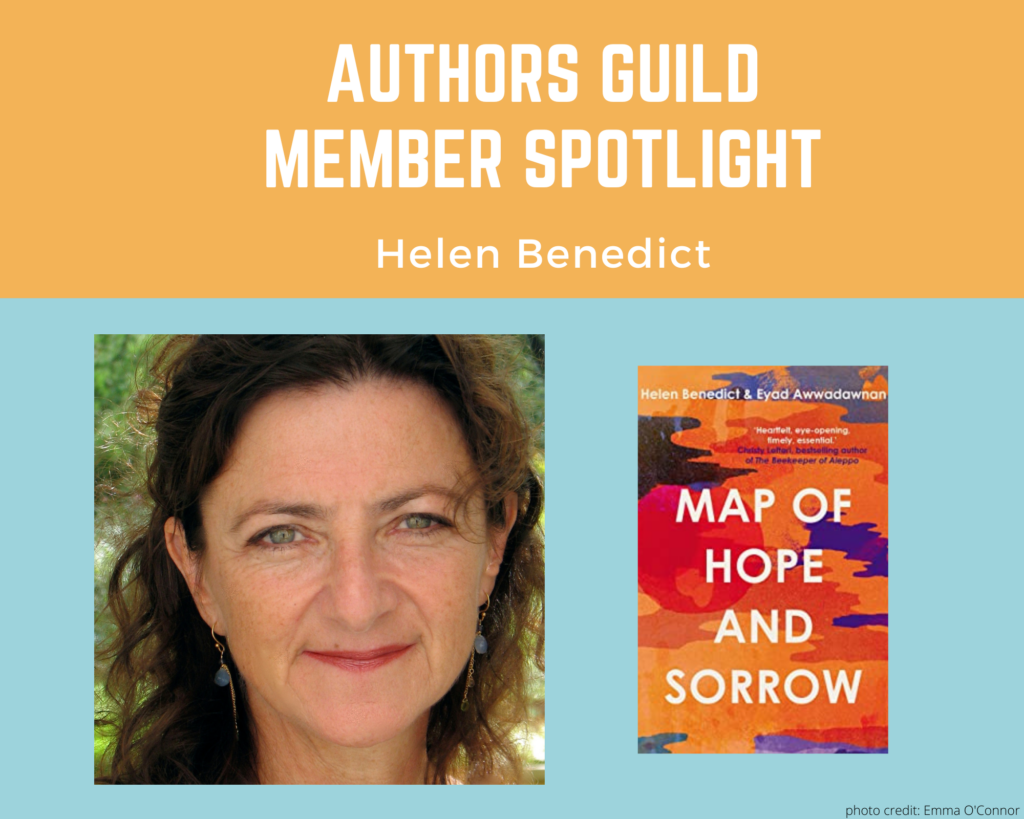 author Helen Benedict smiling directly at the camera and an image of her book Map of Hope and Sorrow