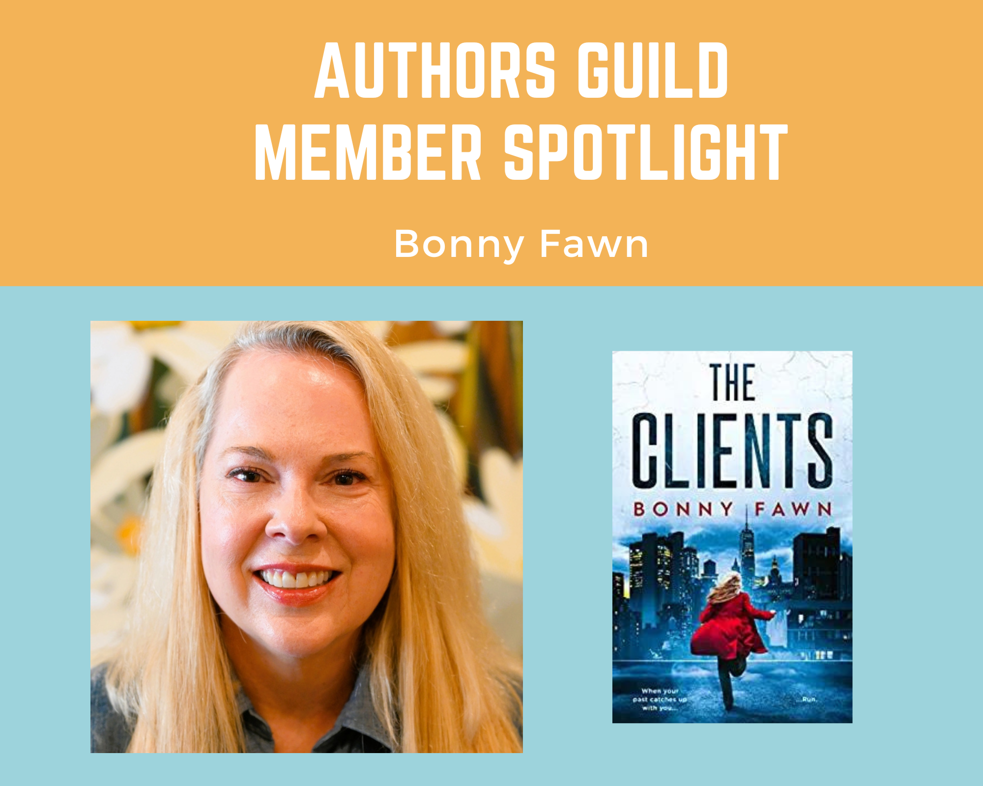 author Bonny Fawn smiling directly at camera and an image of her book The Clients