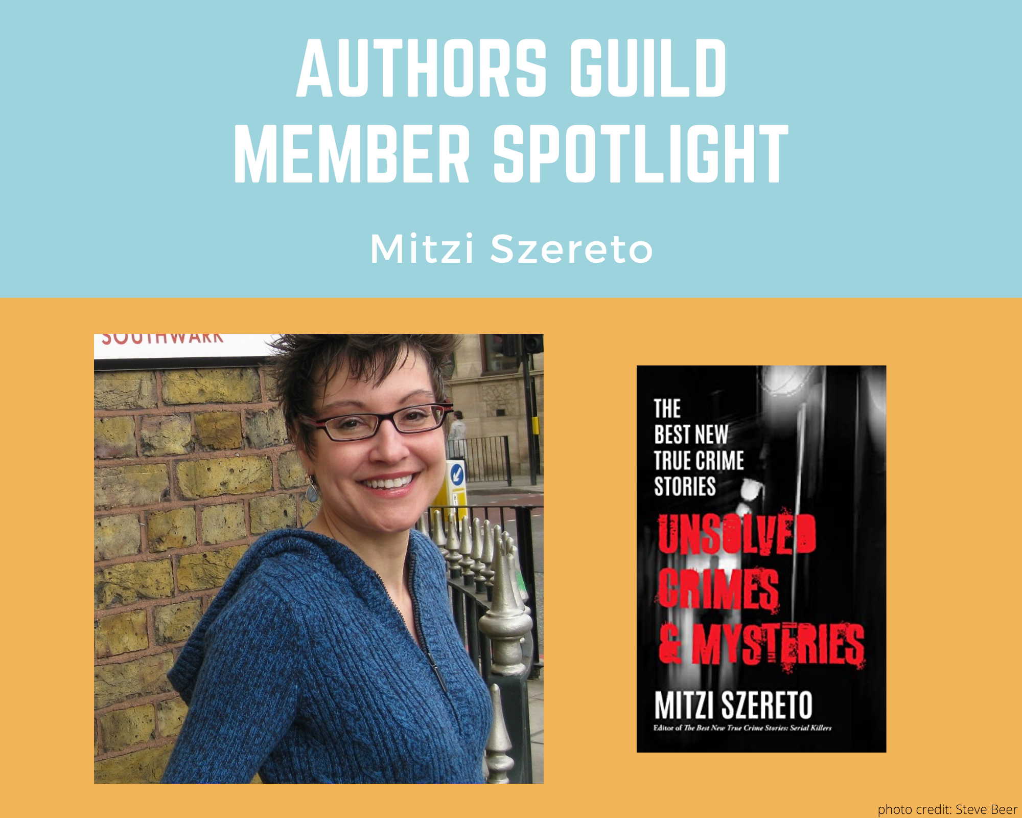 author Mitzi Szereto smiling directly at the camera and an image of her book Unsolved Crimes and Mysteries on a blue and yellow background