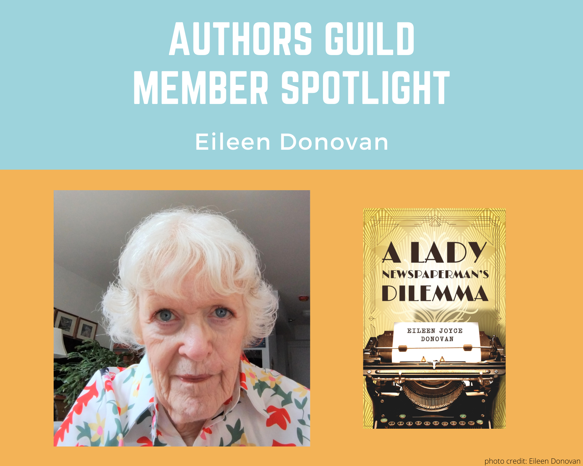 author Eileen Donovan looking directly at the camera and an image of her book A Lady Newspaperman's Dilemma