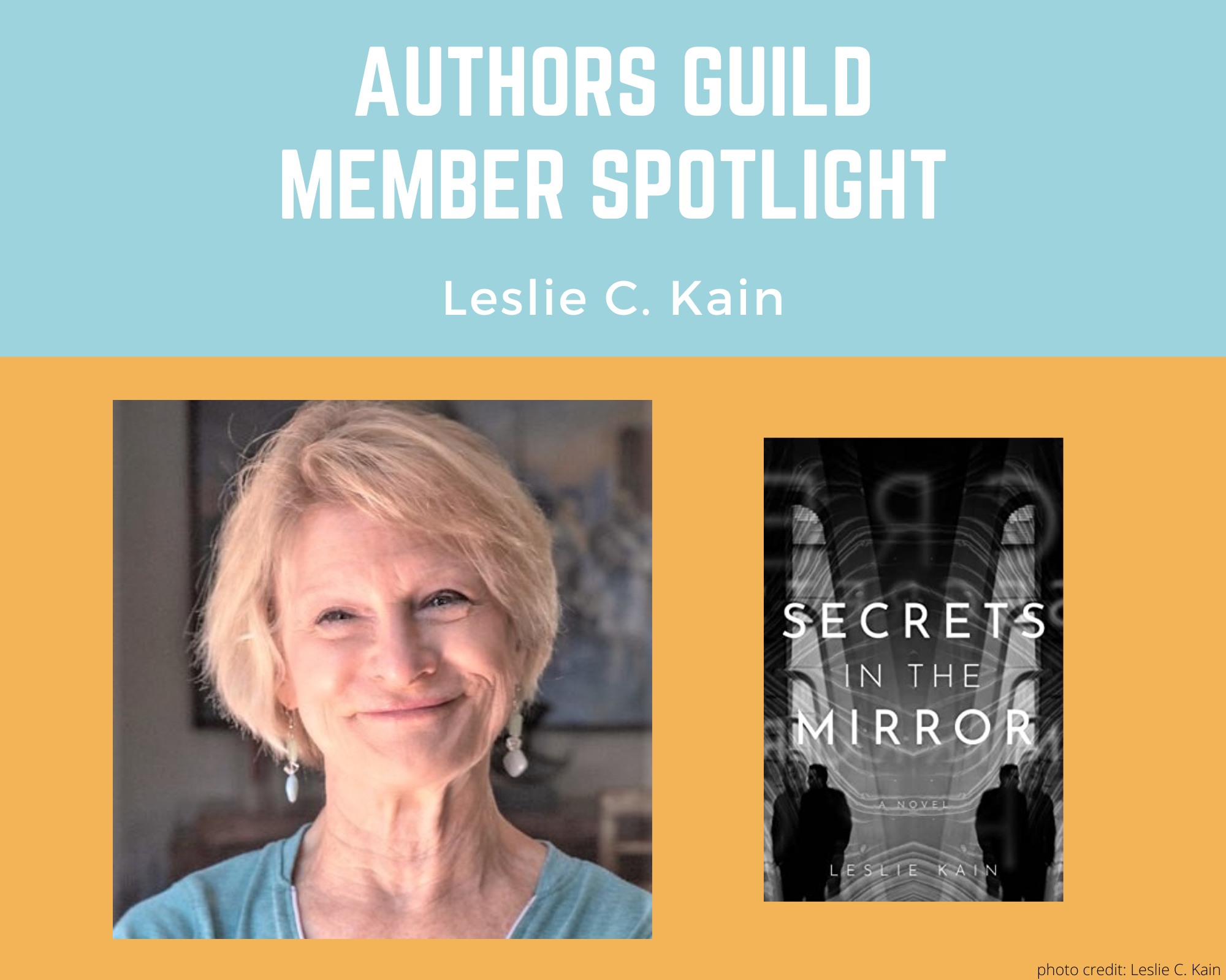 author Leslie Kain smiling directly at the camera and an image of her book Secrets in the Mirror