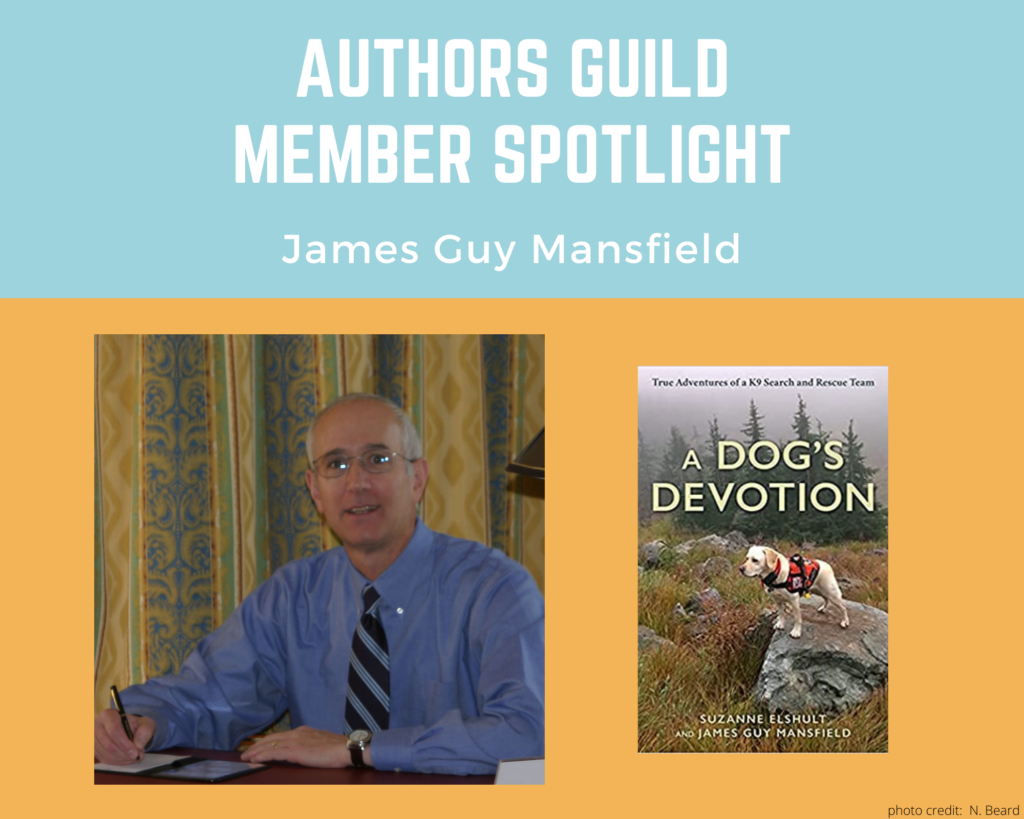 author James Mansfield looking directly at the camera and an image of his book A Dog's Devotion