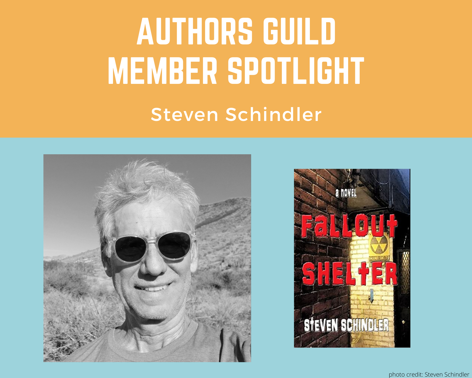 black and white photo of author Steven Schindler and an image of his book Fallout Shelter
