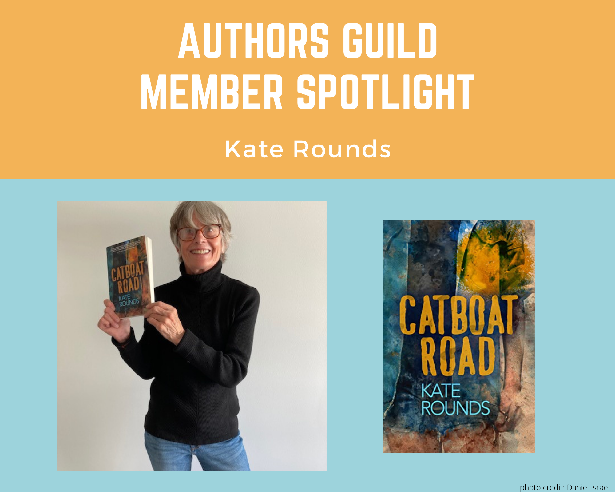 author Kate Rounds smiling at the camera as she holds up her book Catboat Road
