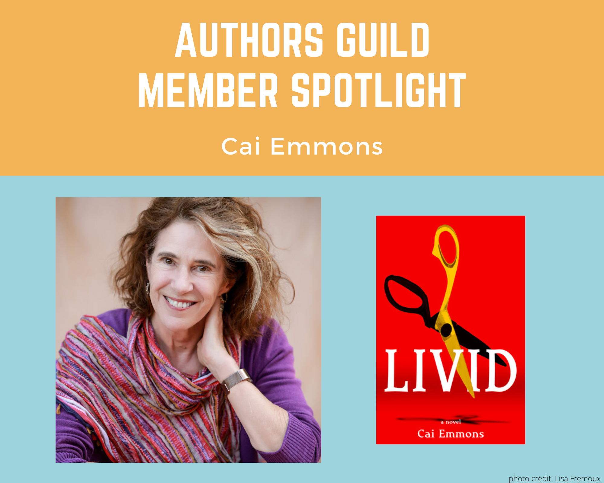 author Cai Emmons smiling at the camera and an image of her book Livid
