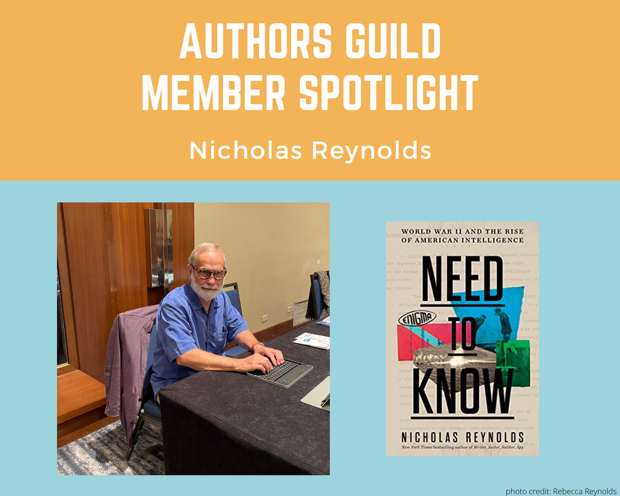 author Nicholas Reynolds at his desk and an image of his book Need to Know
