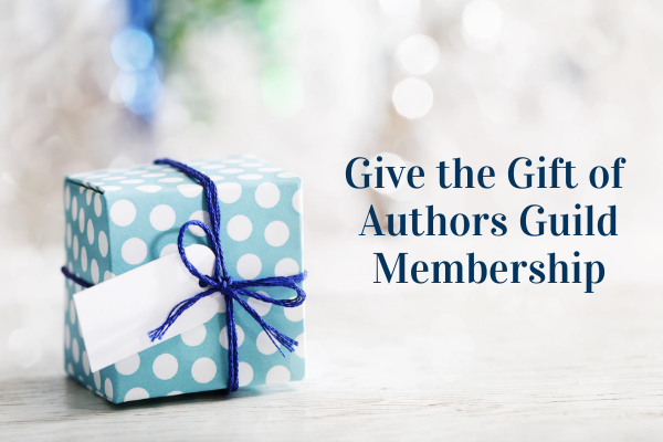 small light blue gift package with white polka dots and a navy blue ribbon and the words give the gift of Authors Guild membership