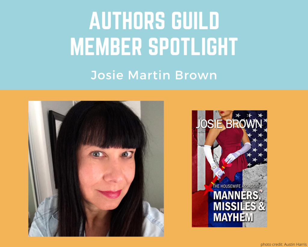 author Josie Brown and an image of her book The Housewife Assassin's Manners, Missiles, and Mayhem