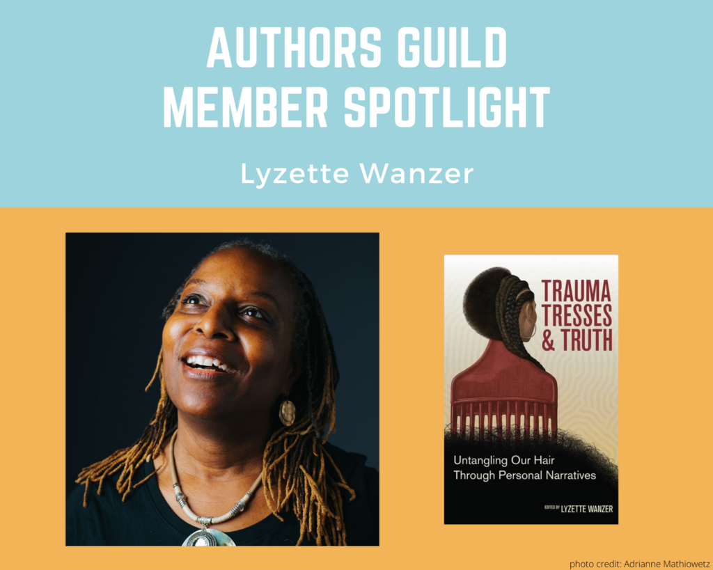 author Lyzette Wanzer and an image of her book Trauma, Tresses, and Truth