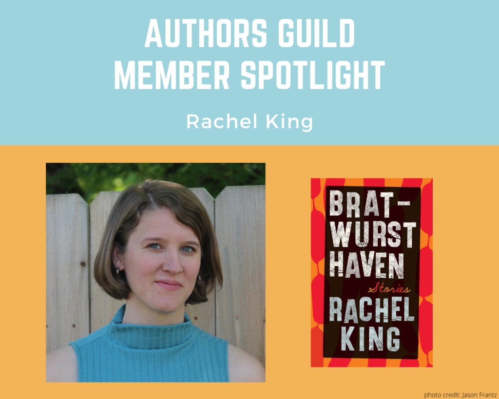 author Rachel King and an image of her book Bratwurst Haven