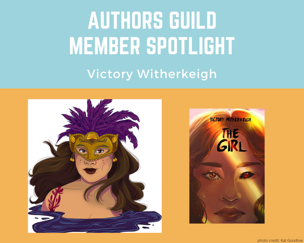 illustration of author Victory Witherkeigh and an image of her book The Girl