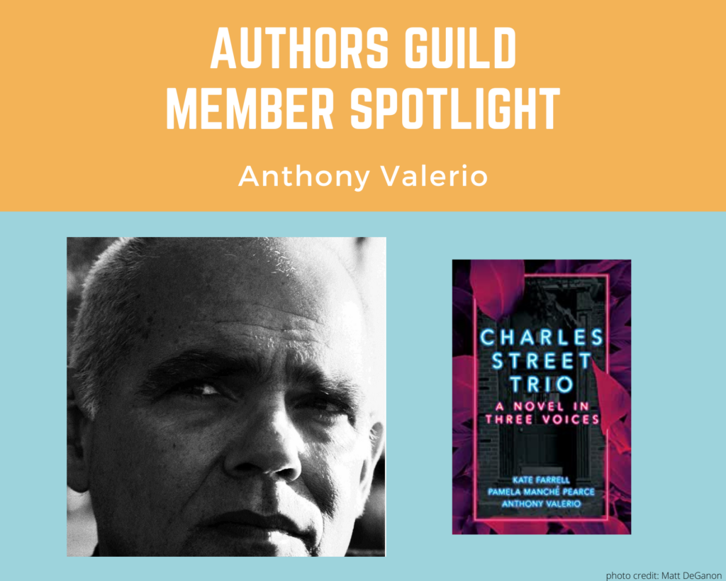 black and white photo of author Anthony Valerio and an image of his book Charles Street Trio