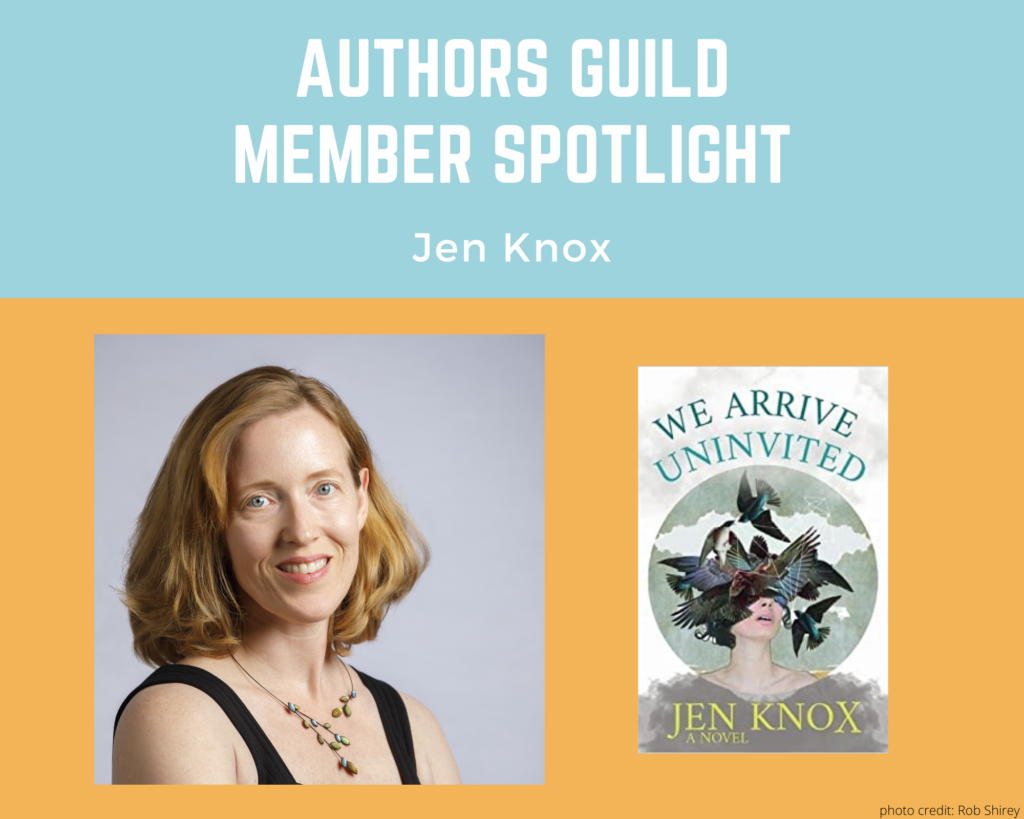 author Jen Knox and an image of her book We Arrive Uninvited