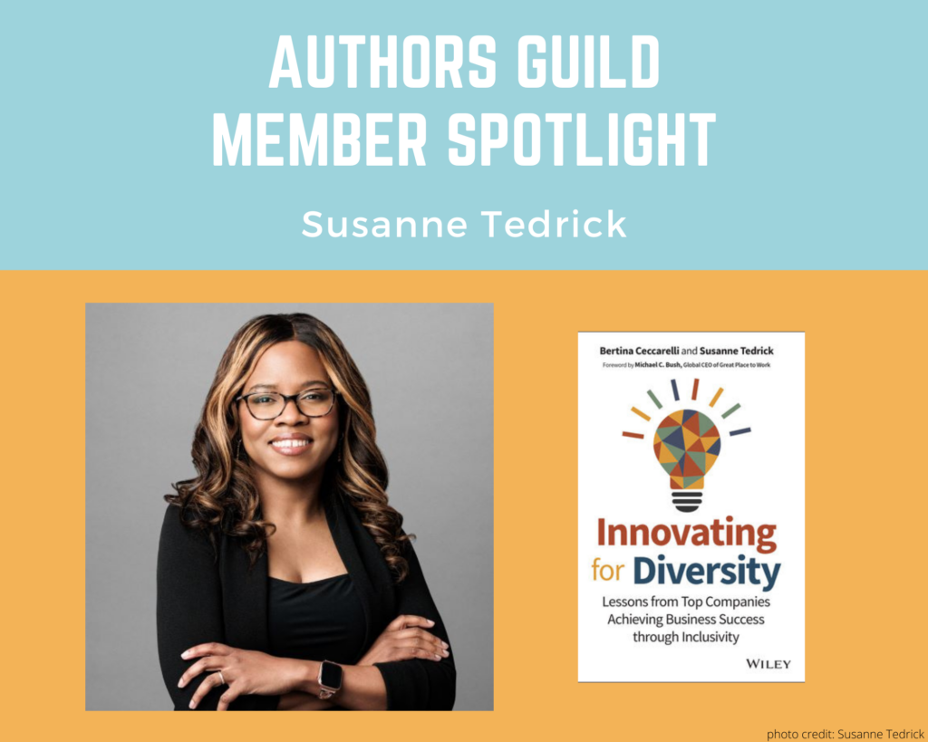 author Susanne Tedrick and an image of her book Innovating for Diversity