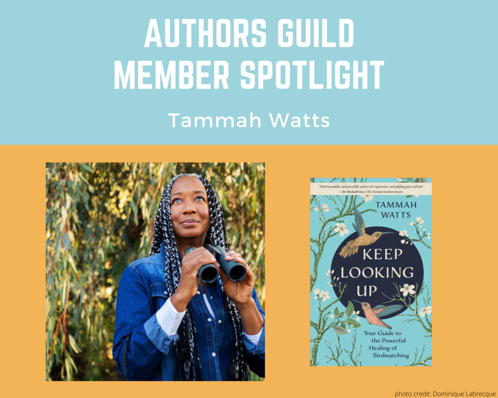 author Tammah Watts holding a pair of binoculars and an image of her book Keep Looking Up