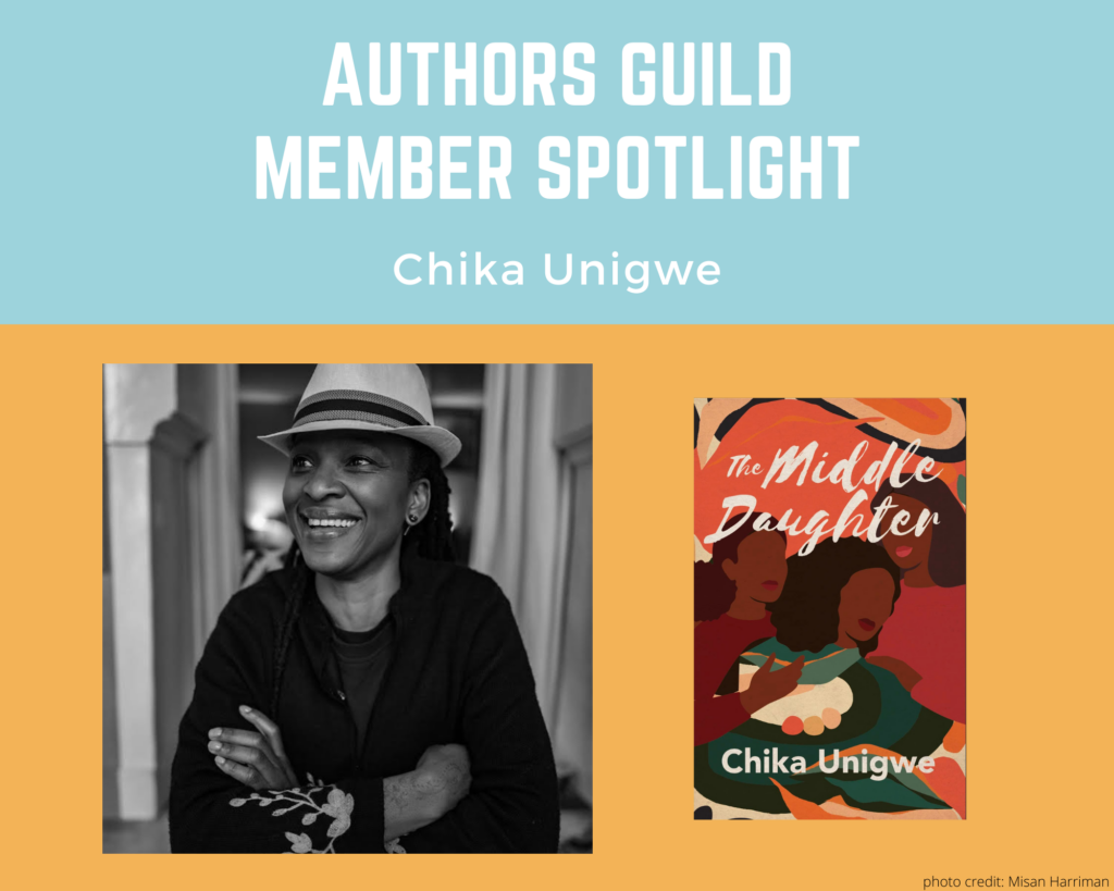 author Chika Unigwe and an image of her book The Middle Daughter