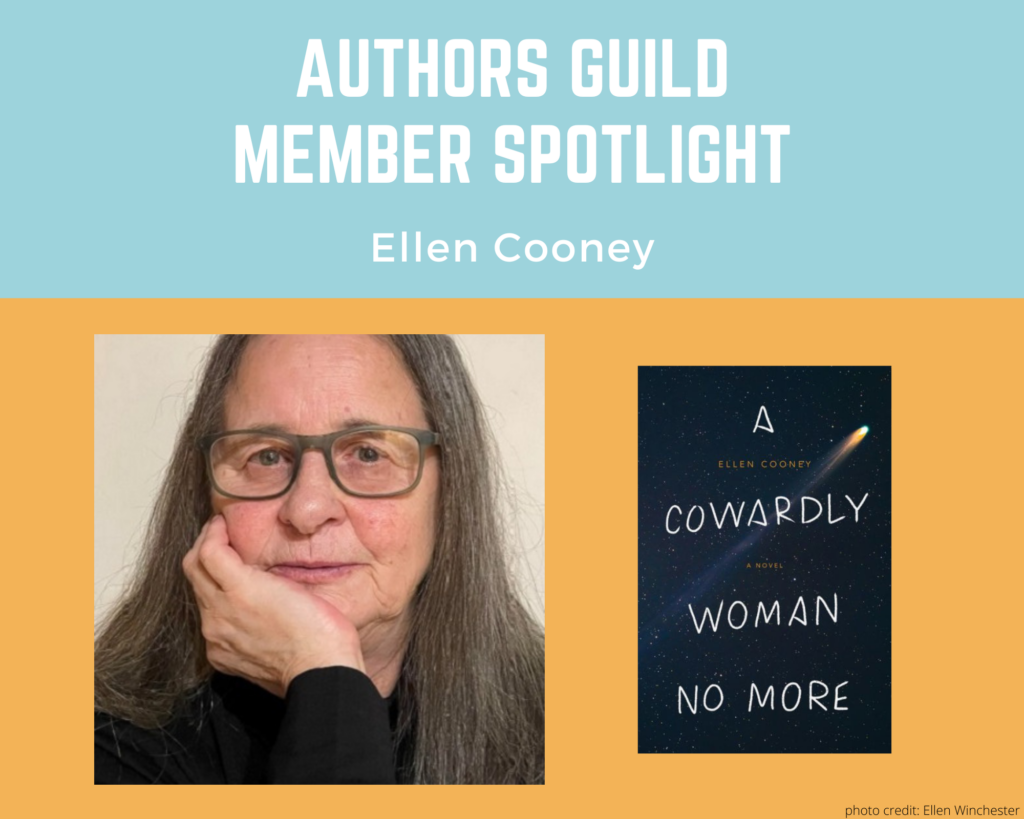 author Ellen Cooney and an image of her book A Cowardly Woman No More