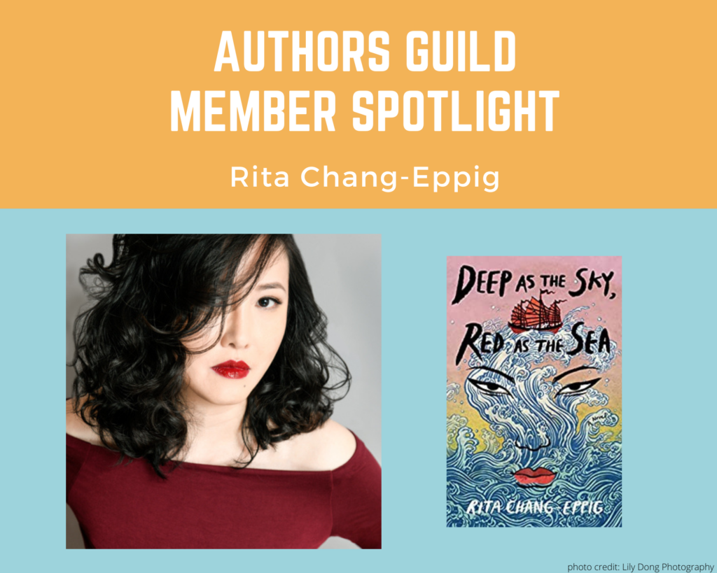 author Rita Chang-Eppig and an image of her book Deep as the Sky, Red as the Sea