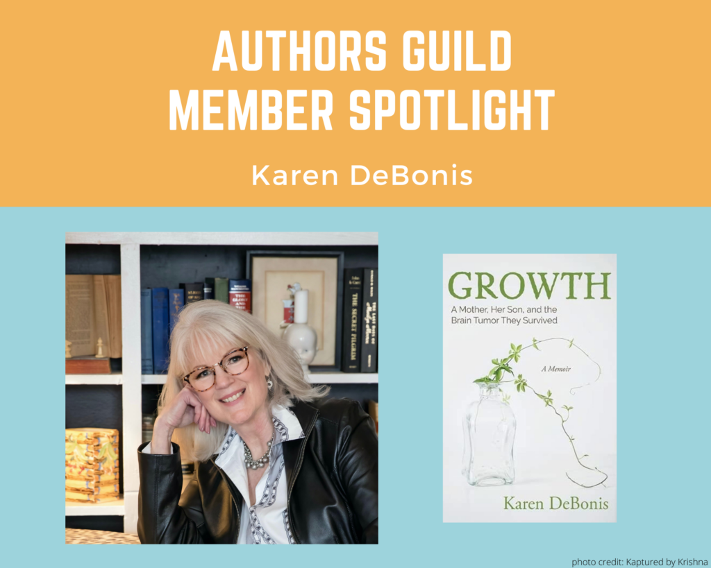 author Karen DeBonis and an image of her book Growth