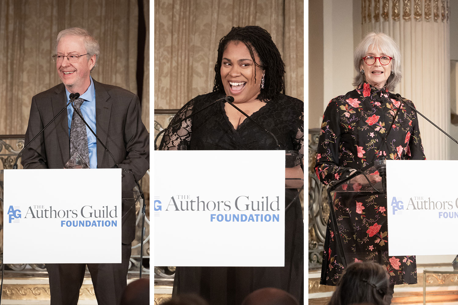 Christopher Finan, Angie Thomas, and Roxana Robinson accept awards at the 2023 Authors Guild Gala