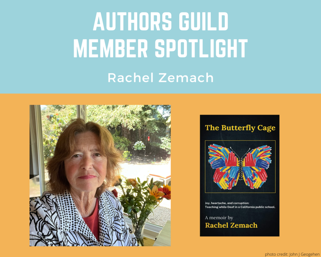 author Rachel Zemach and an image of her book The Butterfly Cage