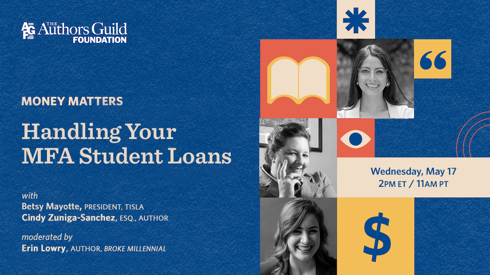 Handling Your MFA Student Loans and panelist headshots on a blue background