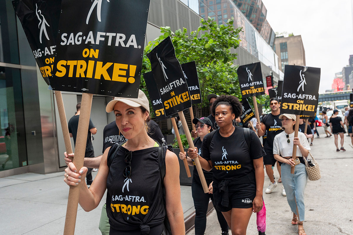 Members of SAG-AFTRA and other union supporters picket outside the HBOAmazon offices in the Hudson Yards neighborhood in New York