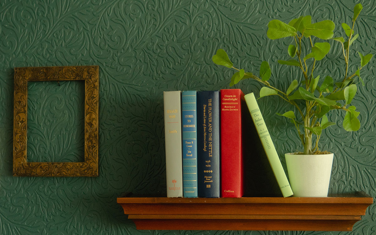 Colorful hardcover volumes sit on a floating wooden shelf in front of a textured green wall