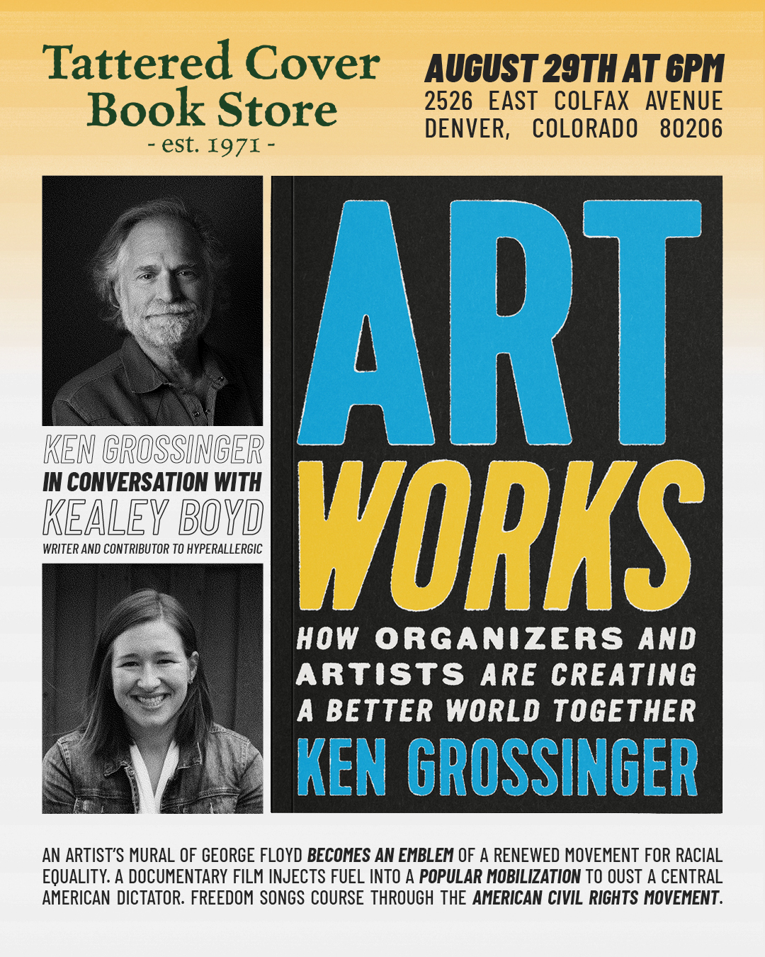 Leaflet for event at the Tattered Cover Book Store in Denver, Colorado, with author Ken Grossinger in conversation with Kealey Boyd.