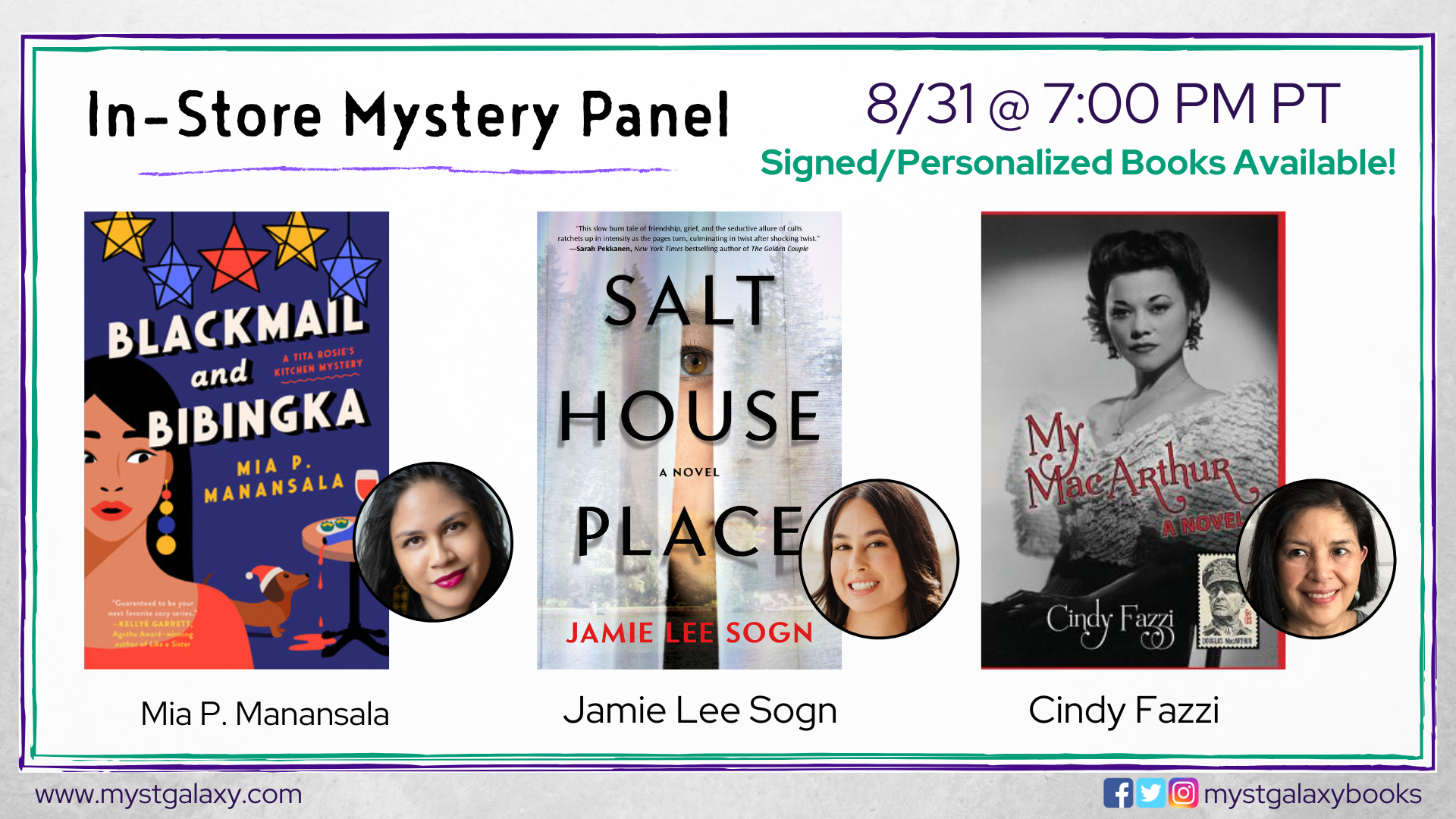 Flyer for an in-store event with authors Mia P. Manansala, Jamie Lee Sogn and Cindy Fazzi, Thursday, August 31, 7:00pm, at Mysterious Galaxy Bookstore in San Diego.