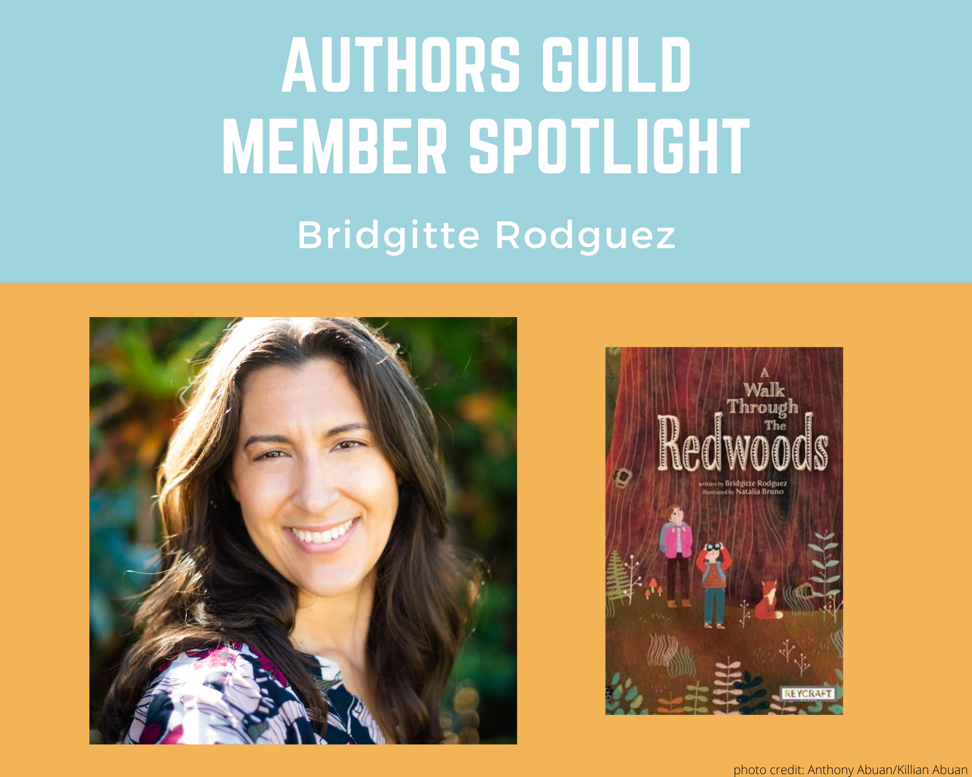 author Bridgitte Rodguez and an image of her book A Walk Through the Redwoods