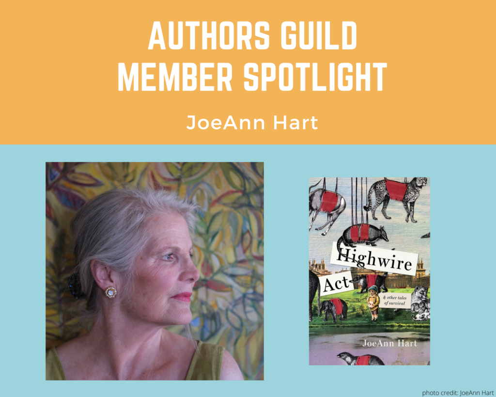 author JoeAnn Hart and an image of her book Highwire Act & Other Tales of Survival