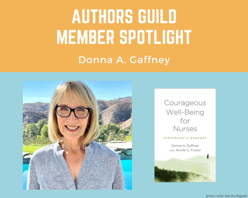 author Donna Gaffney and an image of her book Courageous Well-Being for Nurses