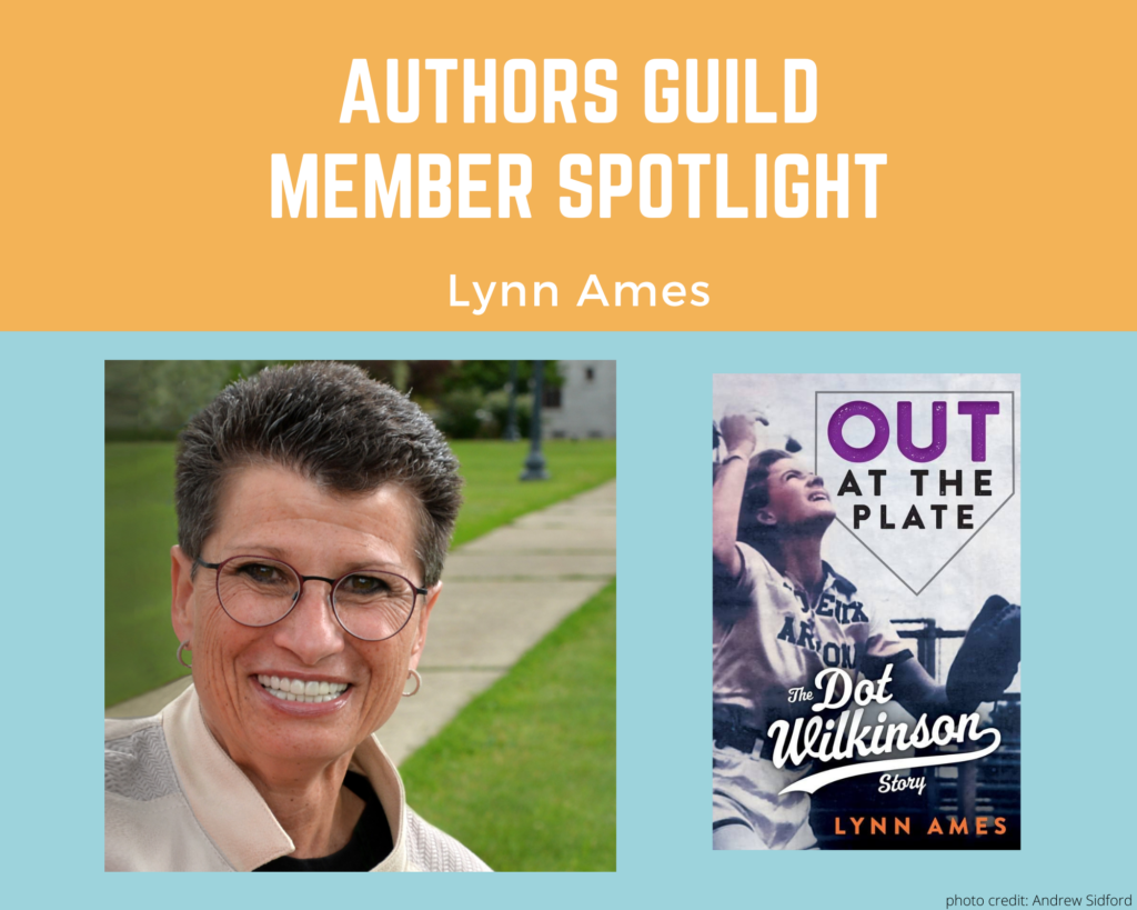 author Lynn Ames and an image of her book Out at the Plate