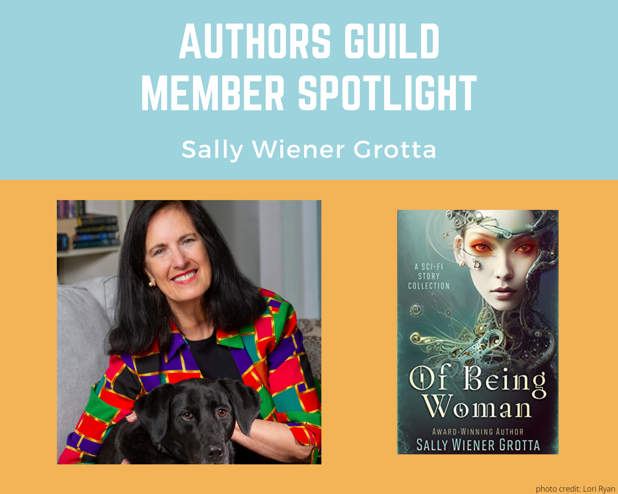 author Sally Wiener Grotta and an image of her book Of Being Woman