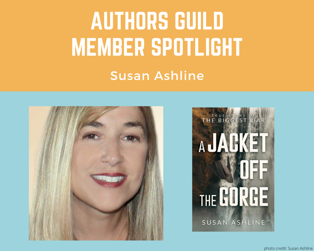author Susan Ashline and an image of her book A Jacket Off the Gorge