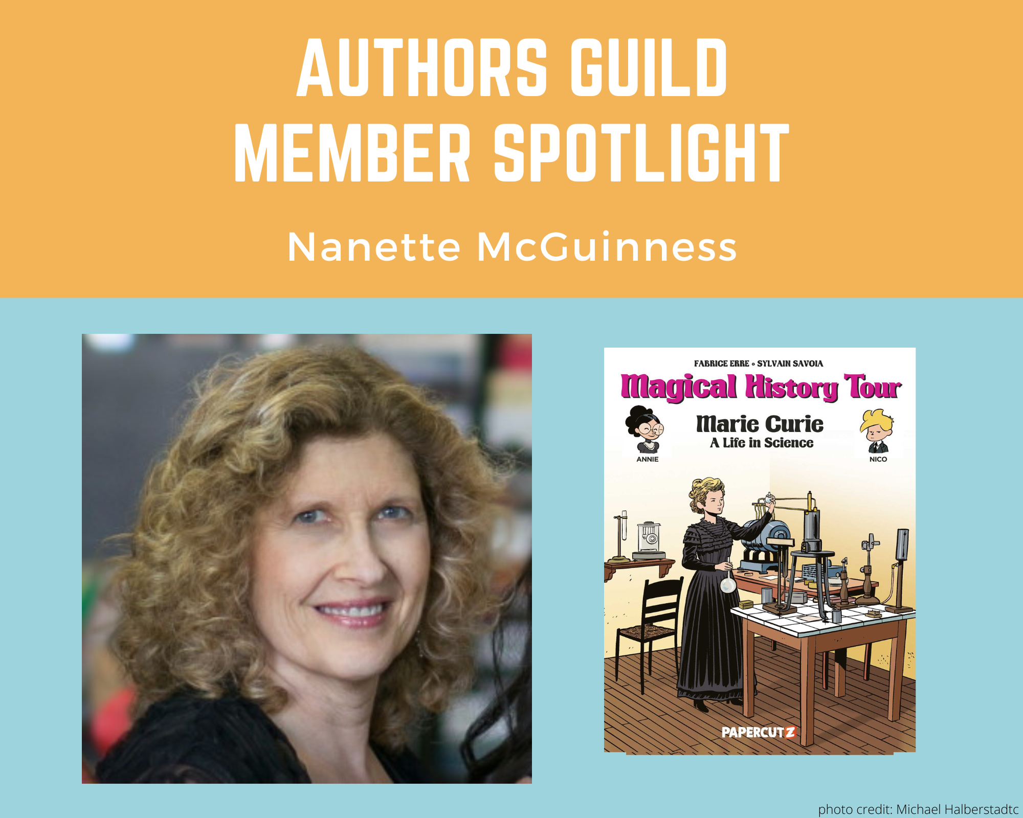 author Nanette McGuinness and an image of her book Magical History Tour: Marie Curie
