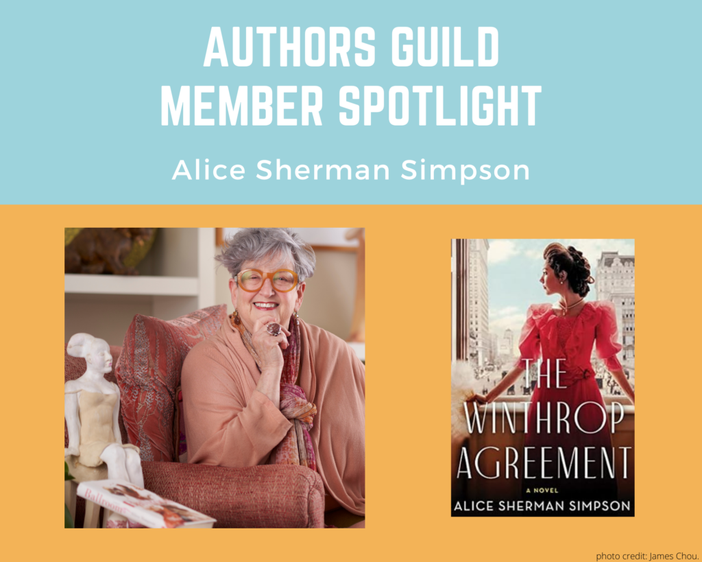 author Alice Sherman Simpson and an image of her book The Winthrop Agreement