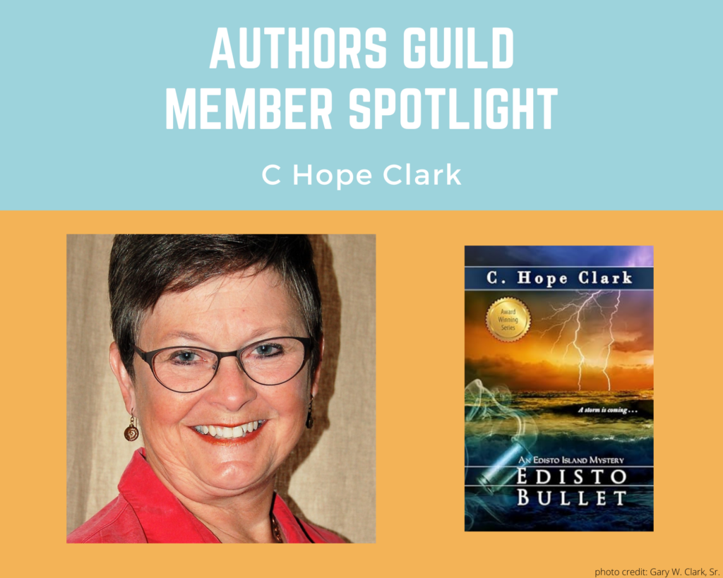 author C. Hope Clark and an image her book Edisto Bullet
