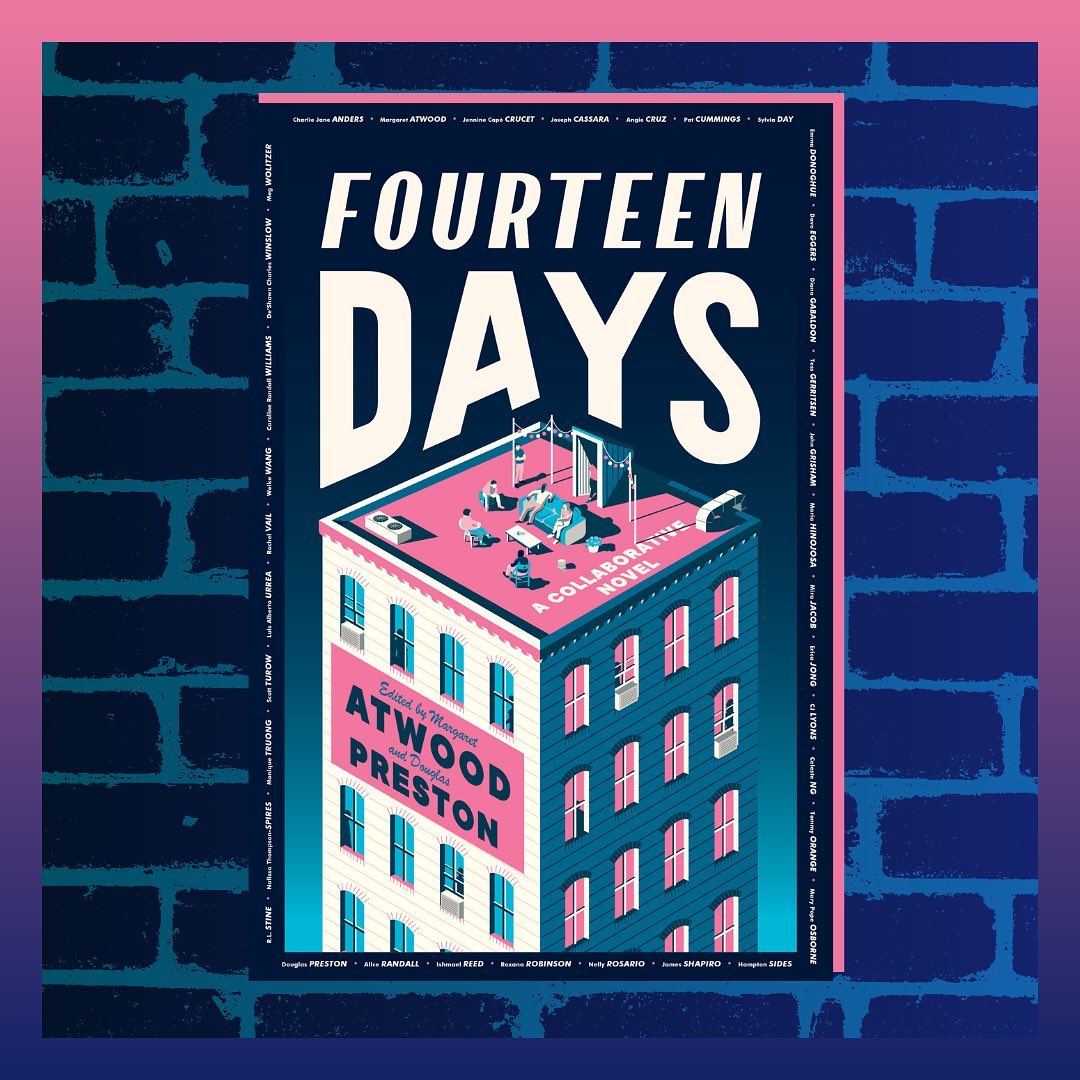 Fourteen Days book cover featuring people meeting on the roof of a building stylized in blue, white, and pink