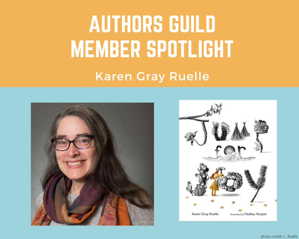 author Karen Gray Ruelle and an image of her book Jump for Joy