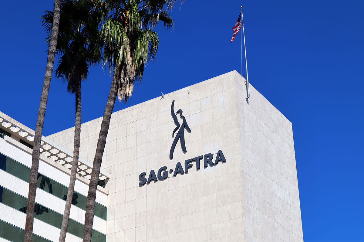 SAG-AFTRA logo on the side of the union headquarters in Los Angeles