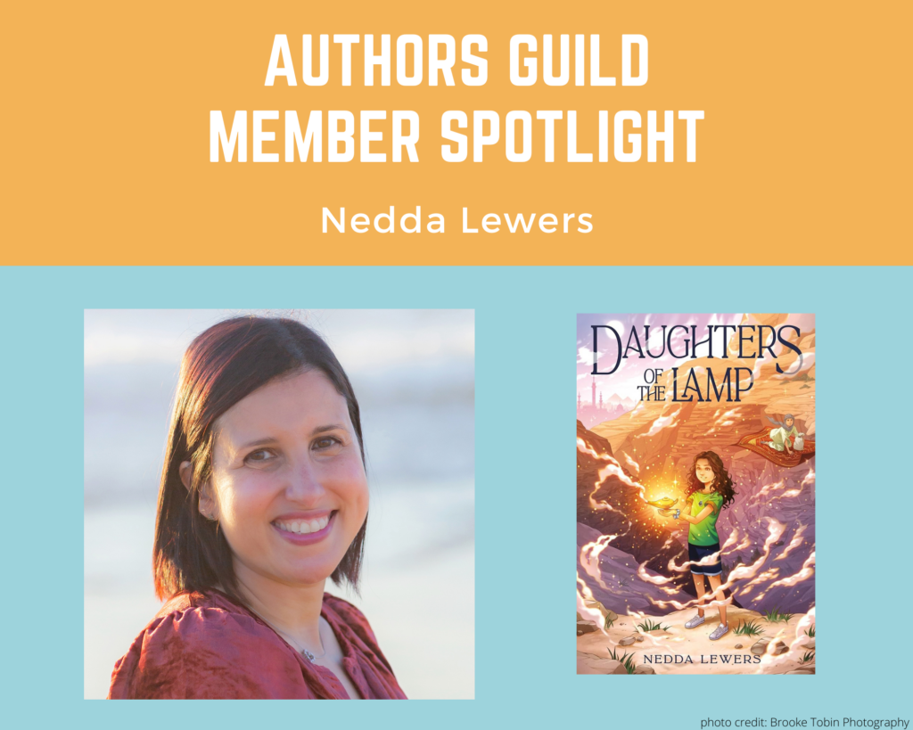 author Nedda Lewers and an image of her book Daughters of the Lamp