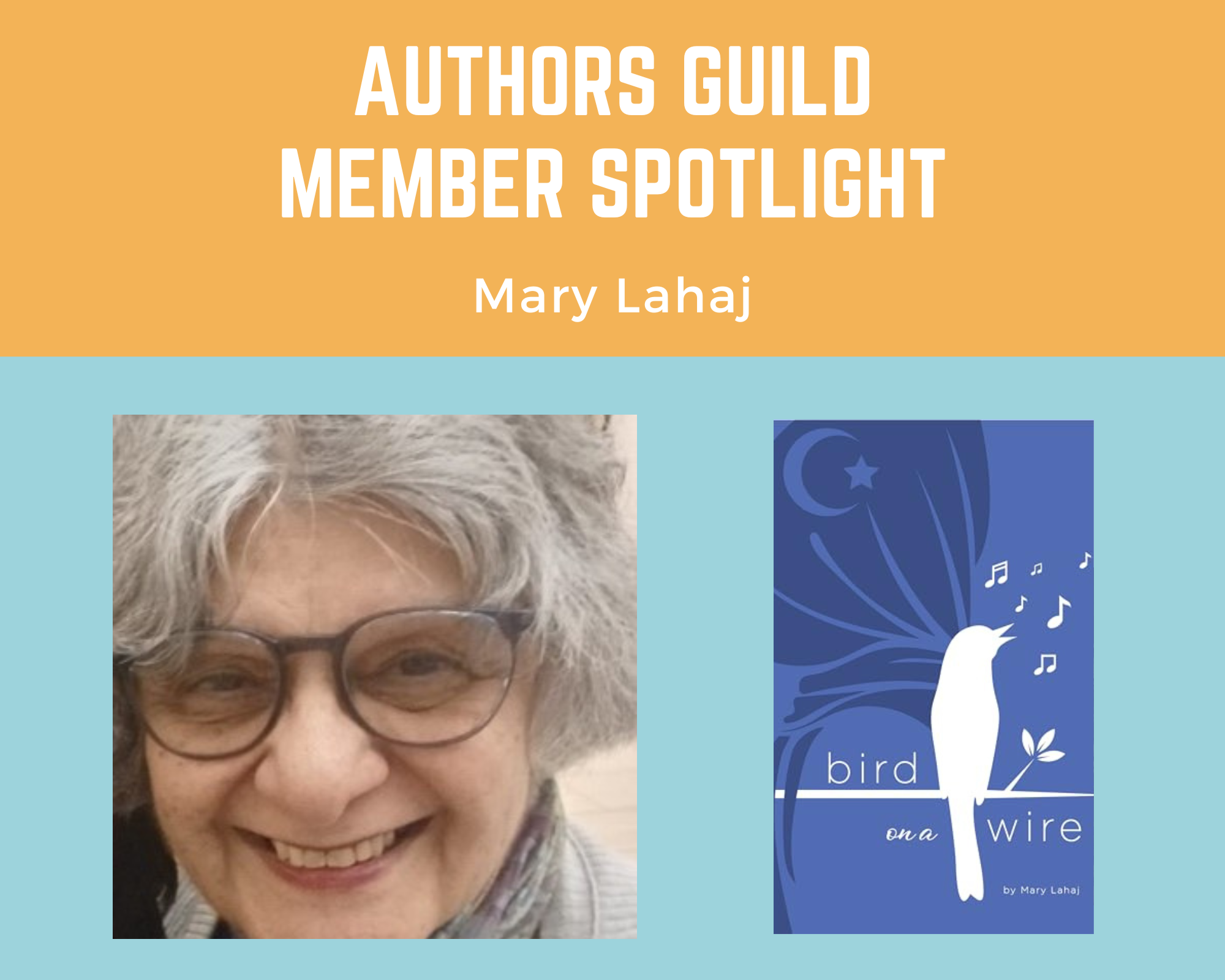 author Mary Lahaj and an image of her book Bird on a Wire
